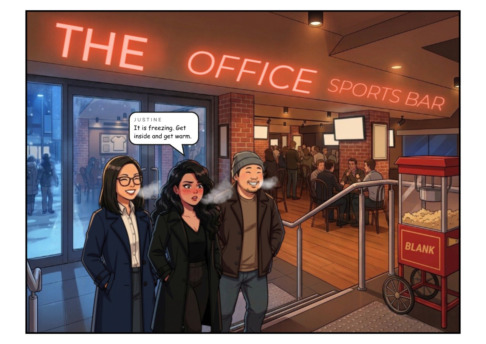 Comic panel 2 of 23, scene 2: Three friends, losing to the weather