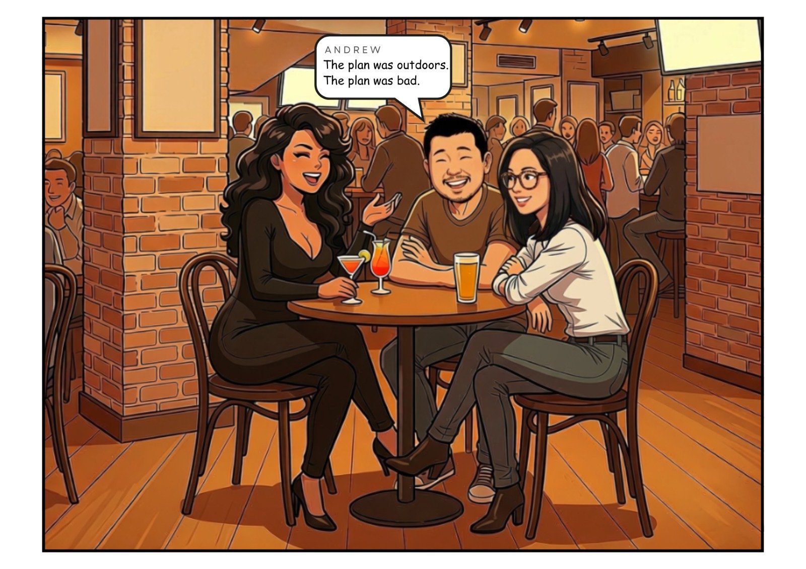 Comic panel 3 of 23, scene 2: Three friends, losing to the weather