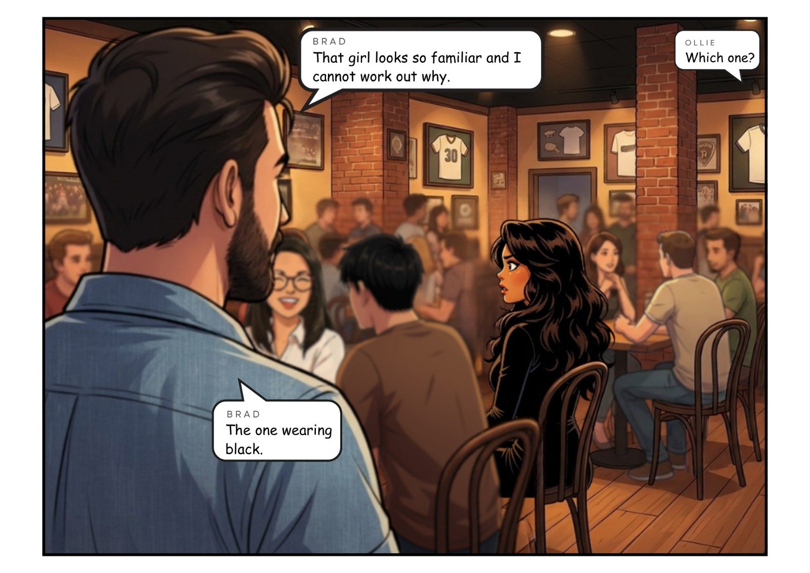 Comic panel 4 of 23, scene 3: That girl looks so familiar