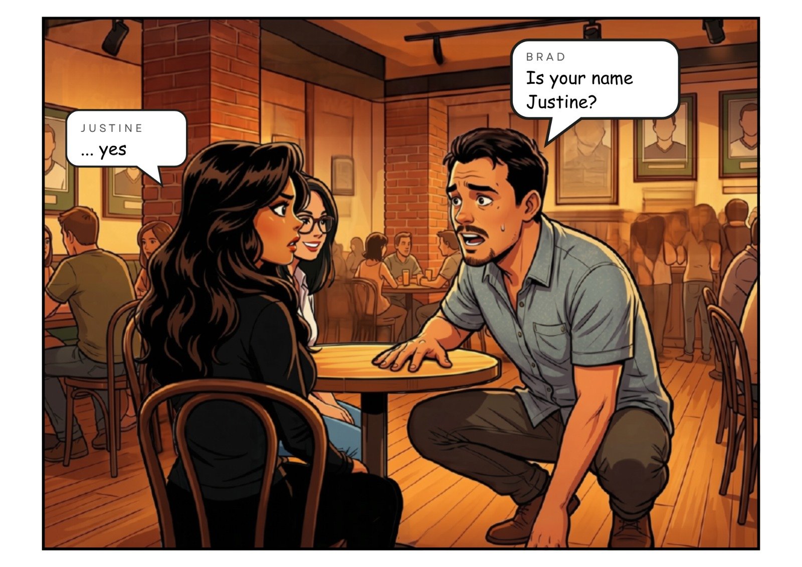 Comic panel 11 of 23, scene 5: Are you Justine?
