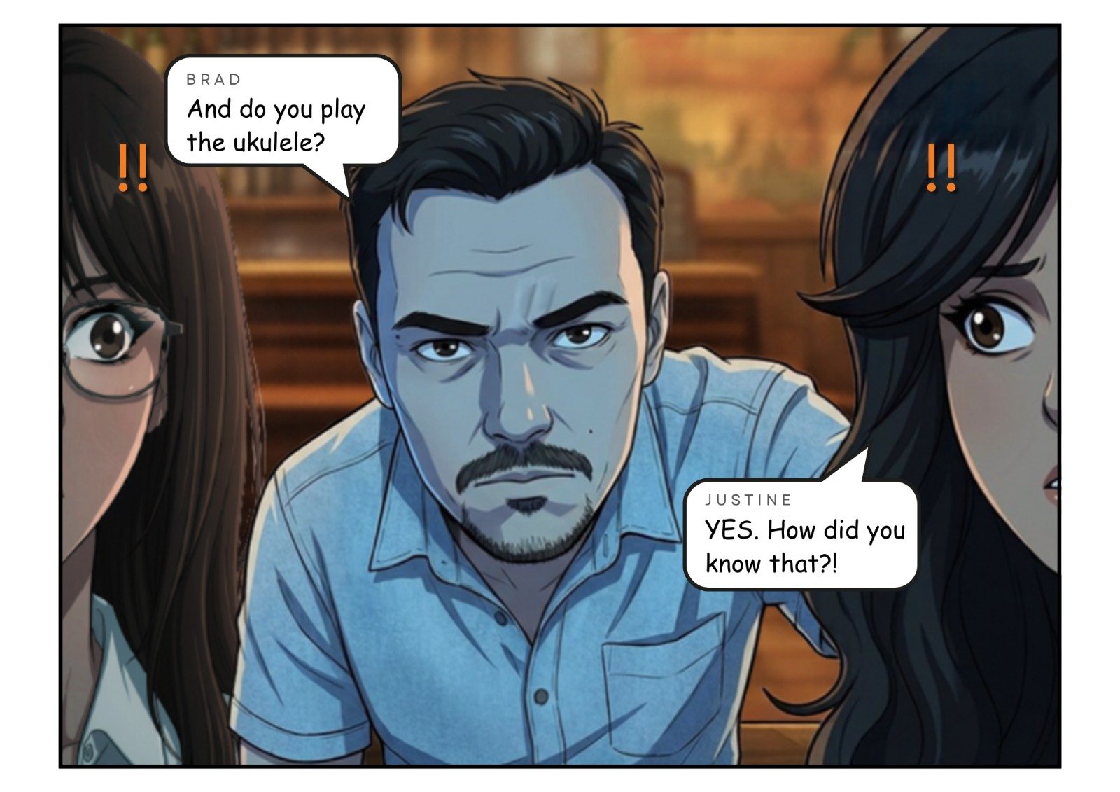 Comic panel 12 of 23, scene 5: Are you Justine?