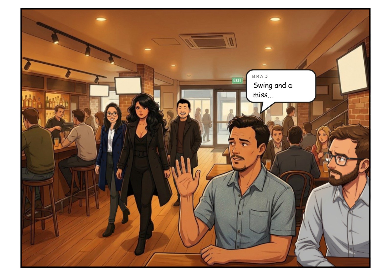 Comic panel 17 of 23, scene 6: Swing and a miss